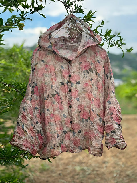 Damen Vintage Blumen Dünnes Sommer Leinen Kapuzenhemd