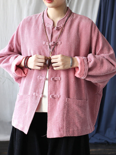 Women Autumn Vintage Solid Button-up Corduroy Shirt Coat