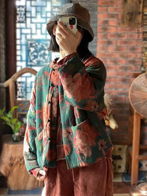 Women Autumn Ethnc Flower Button Pocket Cotton Coat