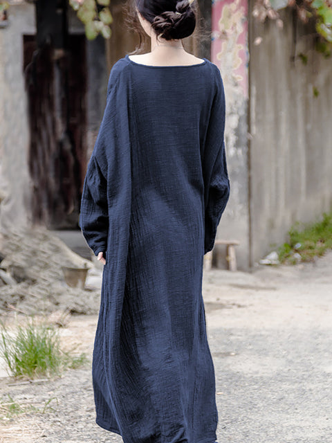 Women Casual Autumn Solid O-Neck Cotton Linen Dress