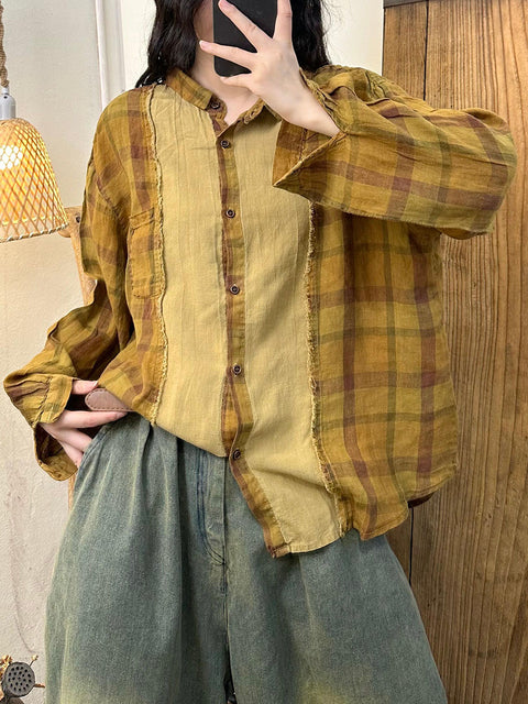 Women Vintage Plaid Colorblock Button-up Linen Shirt