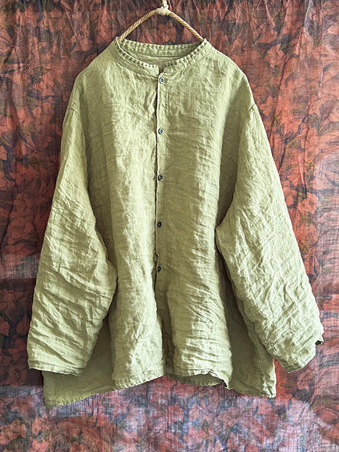 Damen Herbst Vintage Knopf Rohkante Leinen Bluse