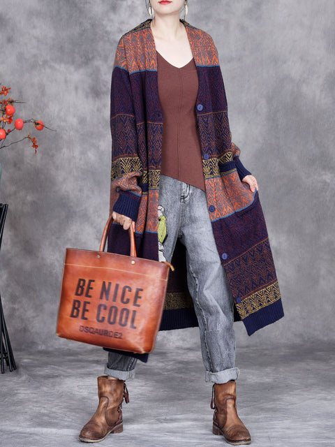 Women Winter Colorblock Wool Vintage Knitted Cardigan Coat