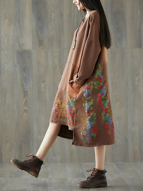 Women Artsy Autumn Flower O-Neck Cotton Dress