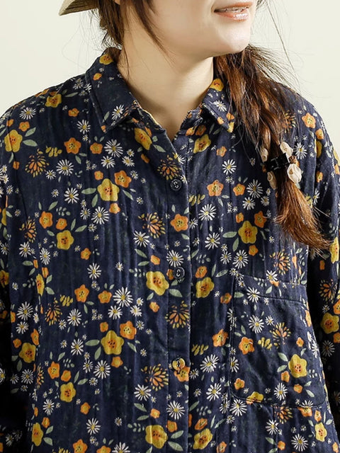 Damen Vintage Herbst Blumen Button-up Baumwollmantel