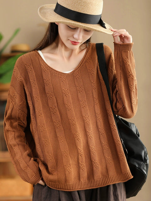 Women Artsy Autumn Cotton V-Neck Knit Sweater