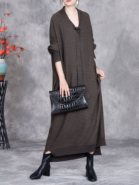 Women Autumn Artsy Cashmere Plaid Strap Knit Dress