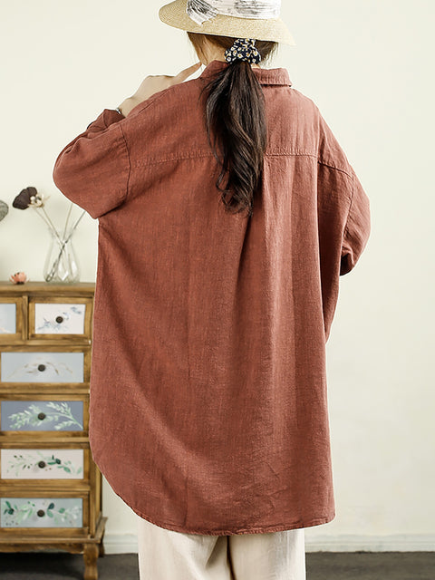 Women Autumn Casual Solid Button-up Linen Shirt