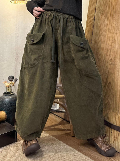 Plus Size Women Autumn Retro Corduroy Pocket Harem Pants