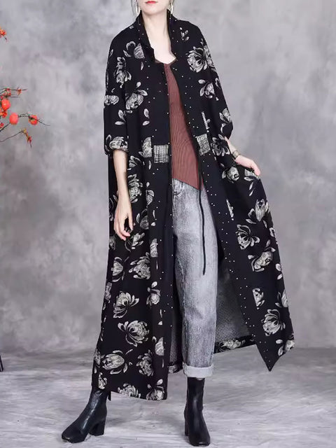 Women Artsy Autumn Flower Strap Cardigan Loose Coat