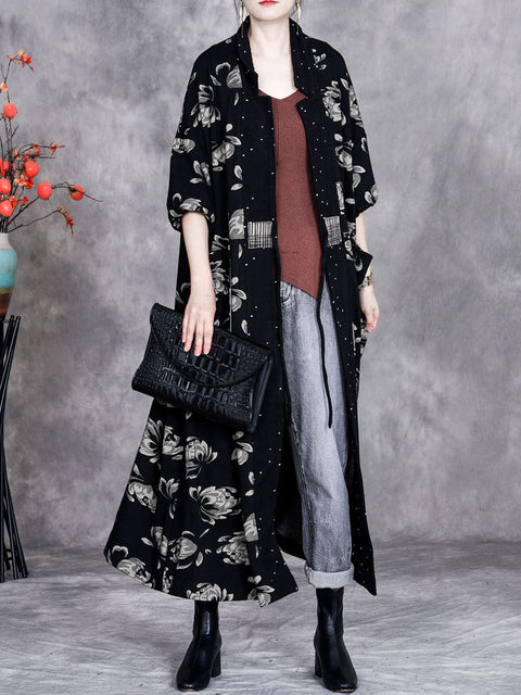 Women Artsy Autumn Flower Strap Cardigan Loose Coat