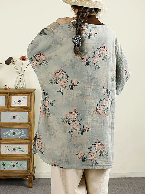 Women Ethnic Autumn Flower O-Neck Cotton Blouse