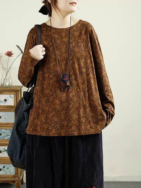 Women Autumn Flower O-Neck Cotton Blouse