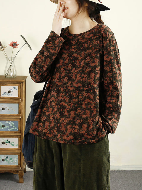 Women Autumn Flower O-Neck Cotton Blouse