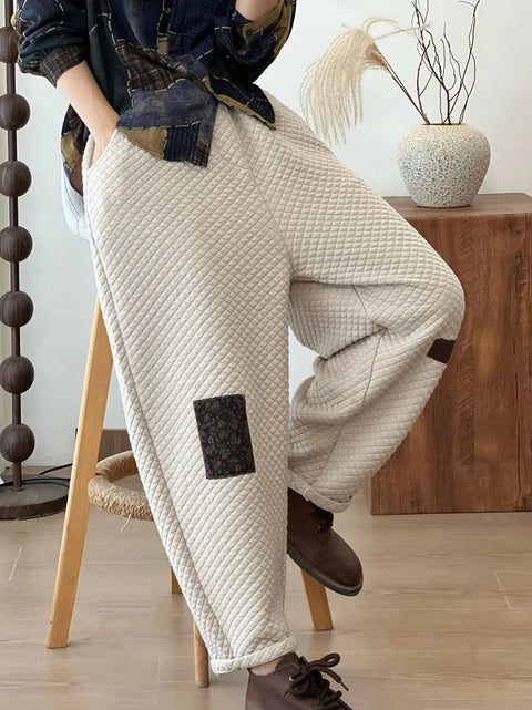 Women Autumn Retro Lattice Patch Thick Cotton Pants