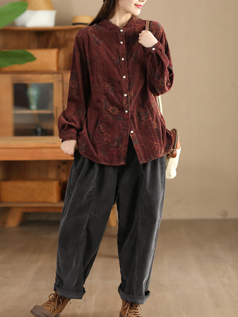 Women Retro Autumn Flower Turn-down Collar Corduroy Shirt