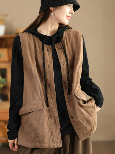 Women Retro Solid O-Neck Cotton Vest Coat