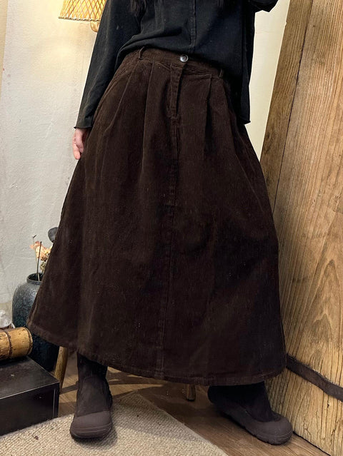 Women Autumn Vintage Solid A-Shape Corduroy Skirt