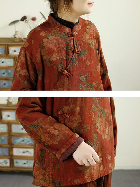 Women Ethnic Autumn Flower Buckle Cotton Stand Collar Coat