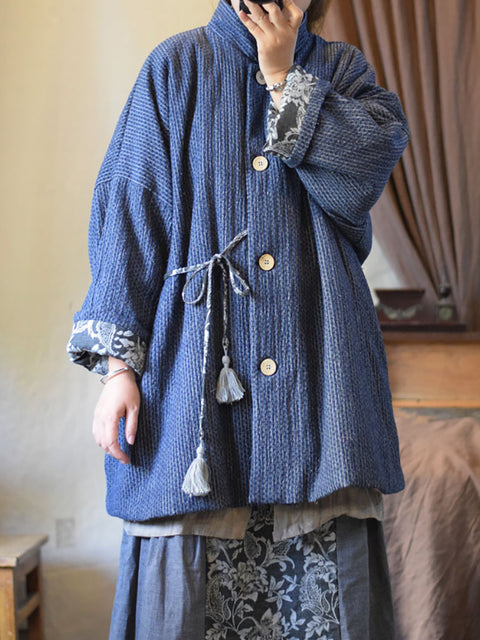 Women Autumn Stripe Stand Collar Linen Cotton Padded Coat