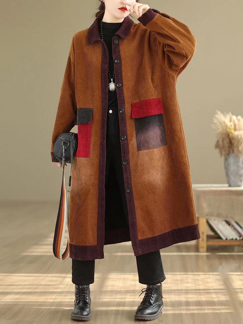 Women Autumn Vintage Colorblock Corduroy Turn-down Collar Coat