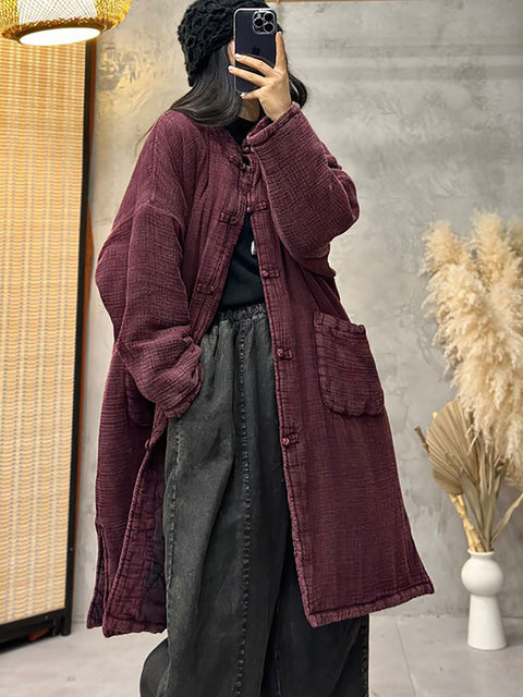 Women Ethnic Autumn Solid  Stand Collar Linen Cotton Coat