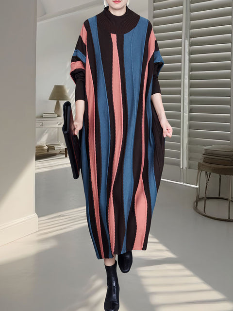 Women Autumn Artsy Colorblock Stripe Knitted Dress