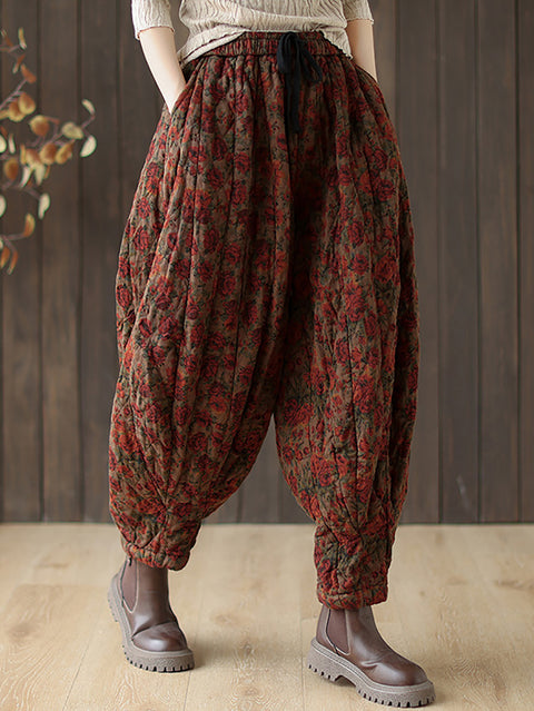 Women Autumn Retro Flower Loose Padded Bloomers