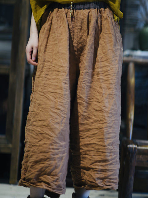 Women Autumn Vintage Colorblock Linen Wide-leg Pants