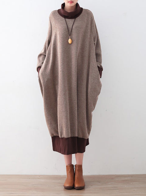 Women Vintage Autumn Colorblock Turtleneck Cotton  Dress