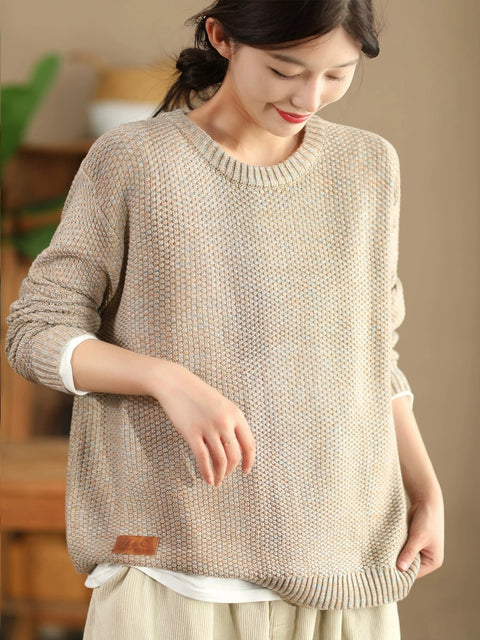 Women Vintage Autumn Solid O-Neck Loose Knit Sweater