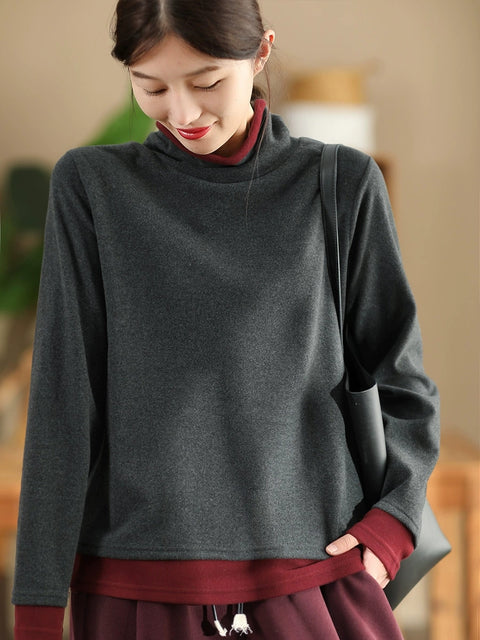 Women Casual Autumn Warm Colorblock Turtleneck Sweatshirt