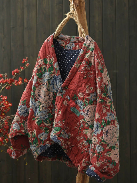 Women Autumn Ethnic Flower Short Cotton Padded Coat