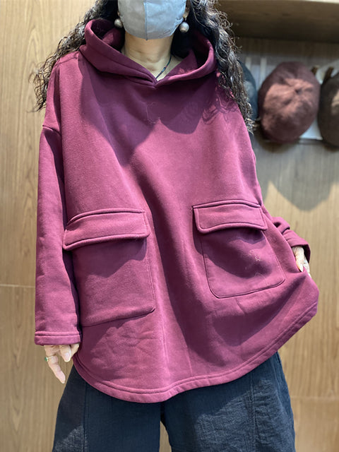 Women Casual Autumn Solid Pocket Hooded Sweatshirt