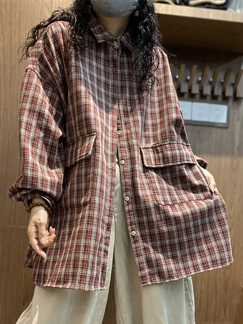 Women Autumn Plaid Buttoned Puff Sleeve Shirt Coat