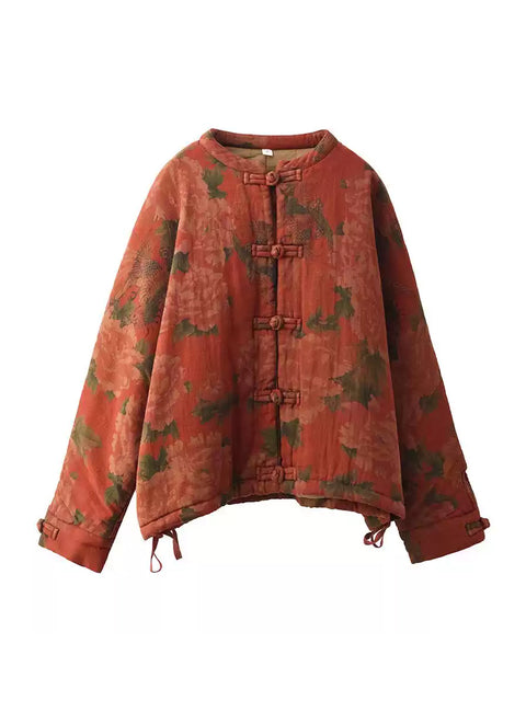 Women Autumn Ethnic Flower Short Linen Padded Coat