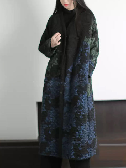 Women Autumn Ethnic Flower V-Neck Long Coat