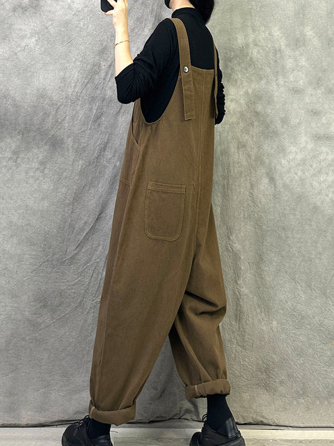 Damen Vintage Solid Cord Loose Jumpsuits