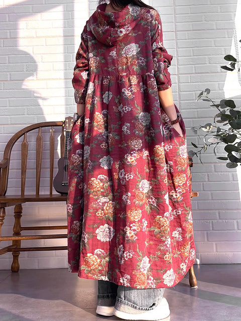 Women Retro Autumn Flower Hooded Loose 100%Cotton Dress