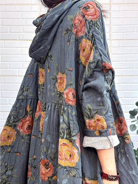 Women Retro Autumn Flower Hooded Loose 100%Cotton Dress