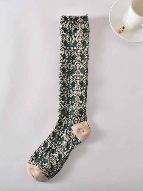 6 Paar lange Socken aus Baumwolle mit künstlerischem Blumenmuster für Damen im Jacquard-Stil