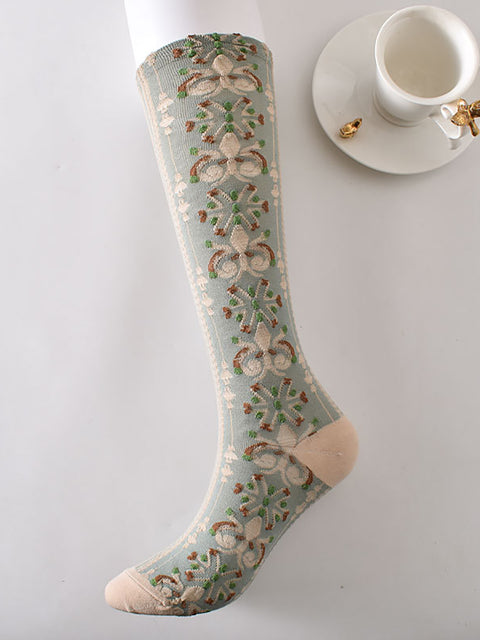 6 Paar lange Socken aus Baumwolle mit künstlerischem Blumenmuster für Damen im Jacquard-Stil