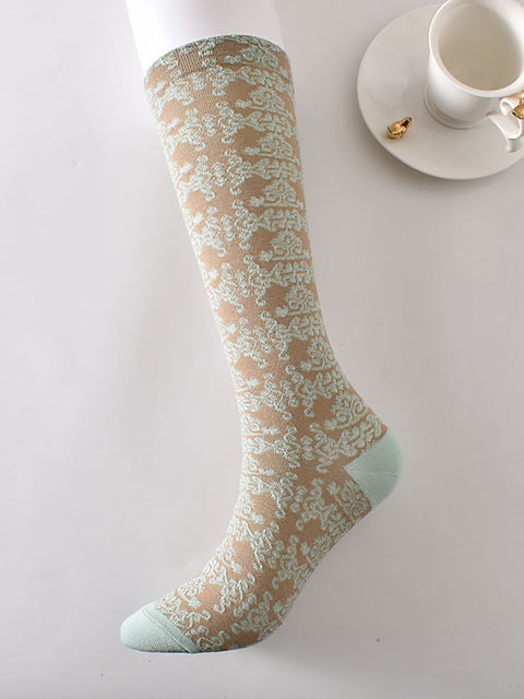 6 Paar lange Socken aus Baumwolle mit künstlerischem Blumenmuster für Damen im Jacquard-Stil