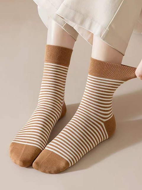 5 Pairs Women Autumn Stripe Cotton Mid-Heel Socks