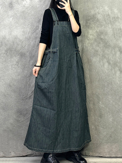 Women Autumn Casual Solid Loose Denim Overall Dress