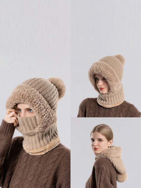 Women Winter Warm Knitted Plush Scarf Hat