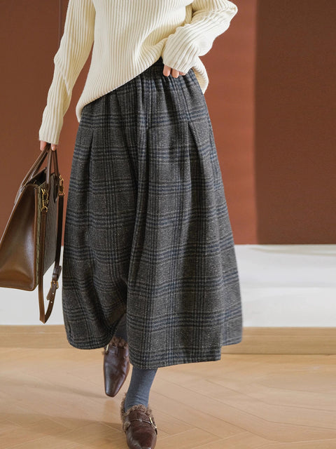 Plus Size Women Autumn Plaid Cotton A-Shape Skirt