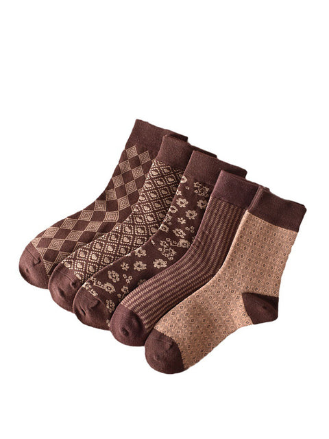 5 Paar Damensocken mit geometrischem Blumenmuster in Kaffeebraun