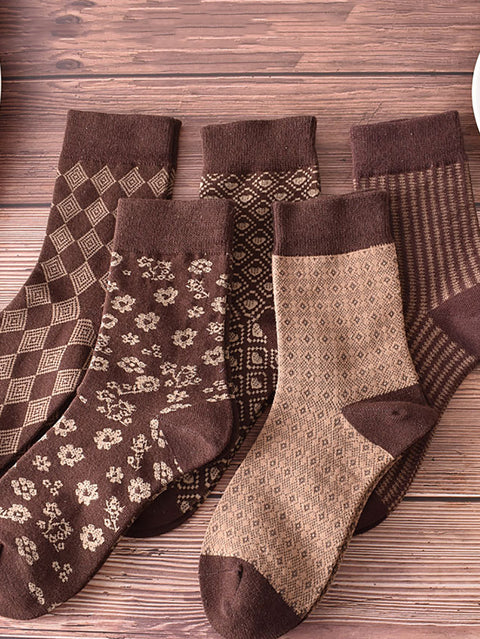 5 Paar Damensocken mit geometrischem Blumenmuster in Kaffeebraun