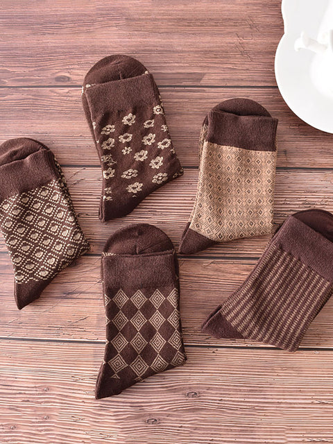 5 Paar Damensocken mit geometrischem Blumenmuster in Kaffeebraun